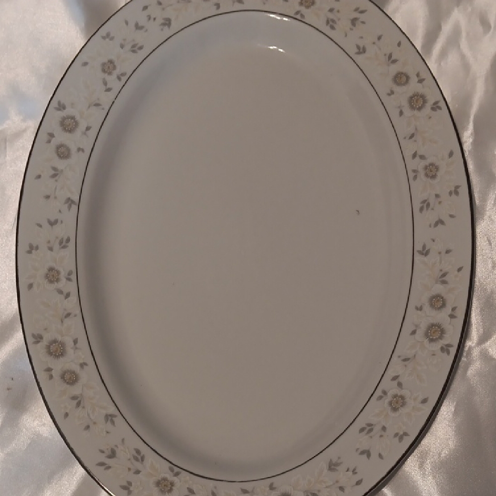 Antibes China Cream and Gray Oval Serveware Plate with Elegant Border